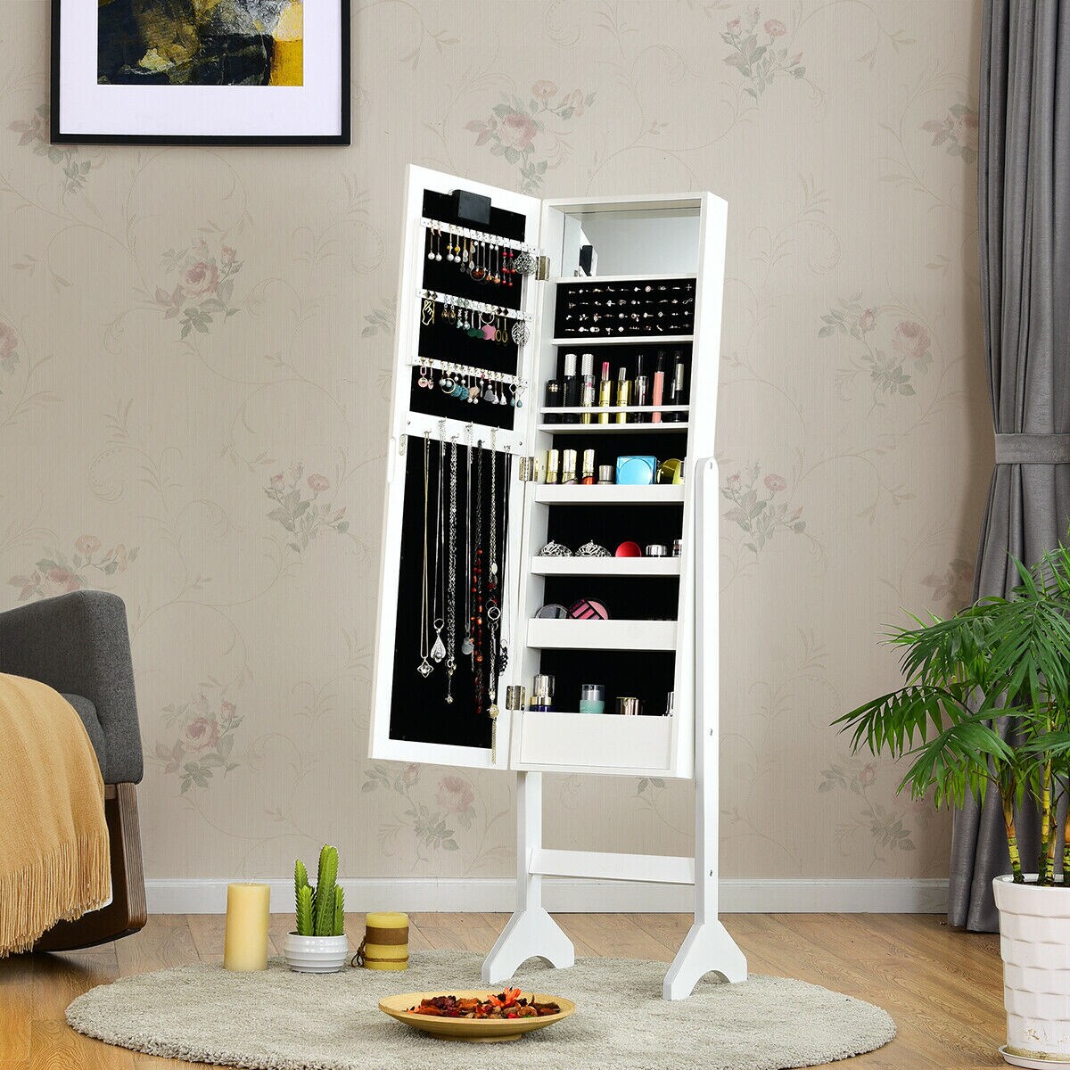 Freestanding Jewelry Organizer Cabinet Armoire with LED Lights and Full Length Mirror
