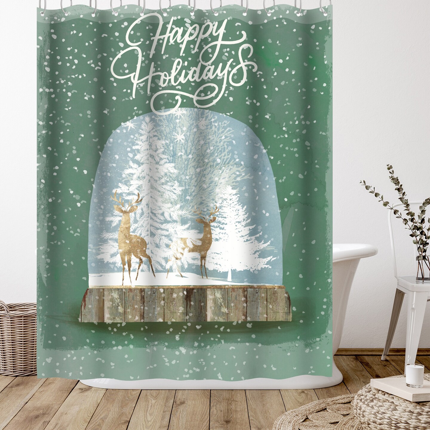 Holiday Snow Globe Ii by PI Creative Art Shower Curtain 71&#x22; x 74&#x22;