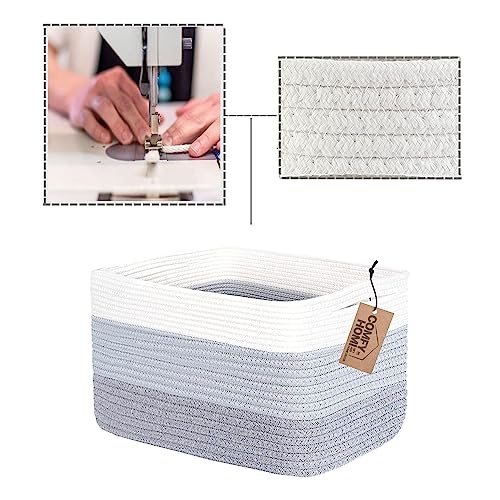 COMFY-HOMI Cotton Rope Woven Basket With Handles for Shelves, Toy, Book, Cloth Storage Basket for Organizing|NEW 13.5" x 11" x 9.5" Decorative Nursery Cube Bin for Living Room(White/3-Tone Grey)