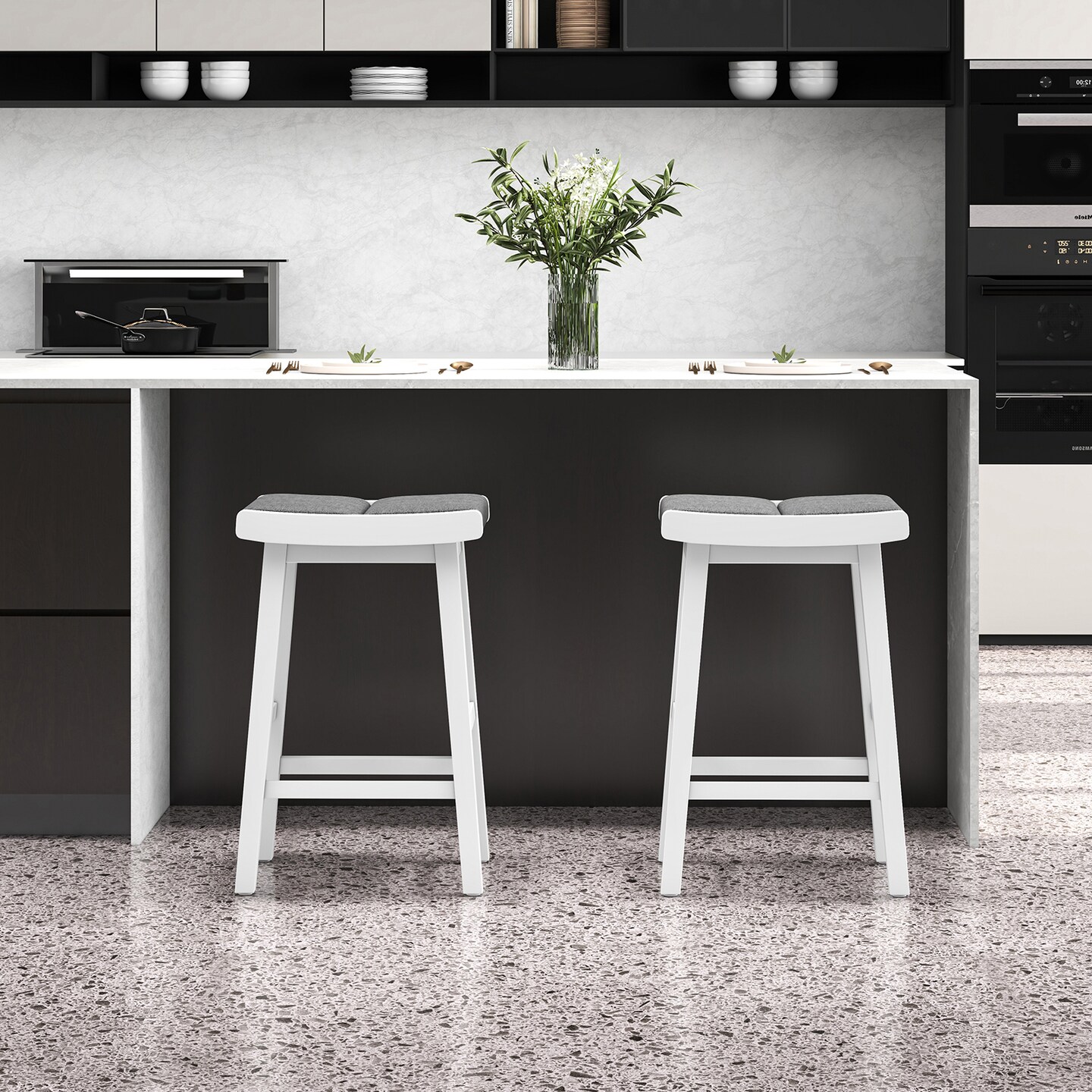 2 Pieces Upholstered Saddle Barstools with Padded Cushions