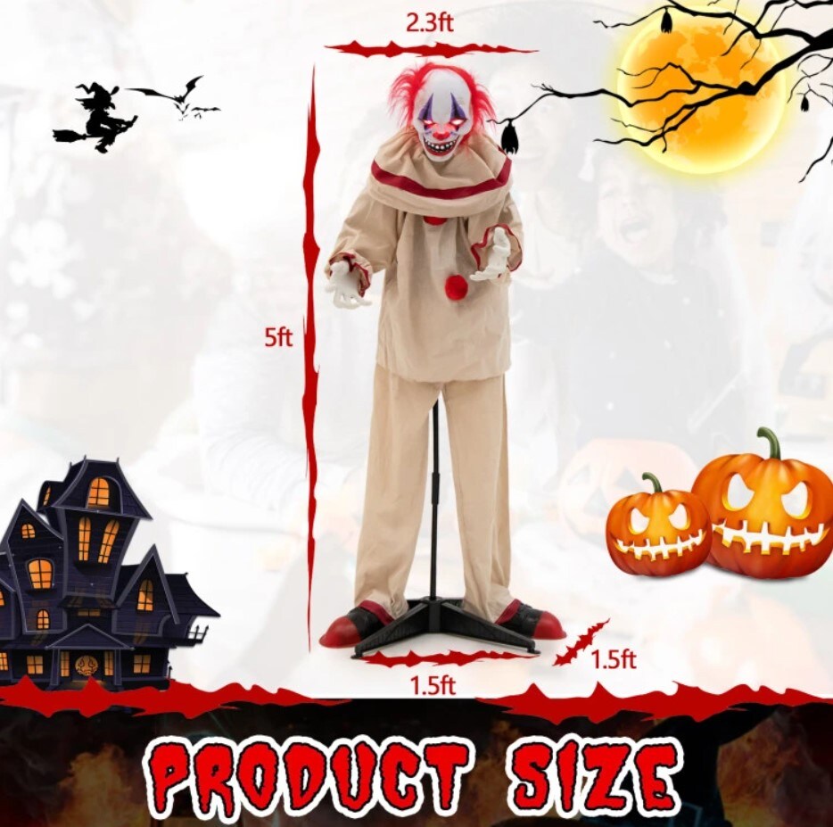 Halloween Prop Decoration - 5FT Grins Animatronic Killer Clown with Glowing Red Eyes
