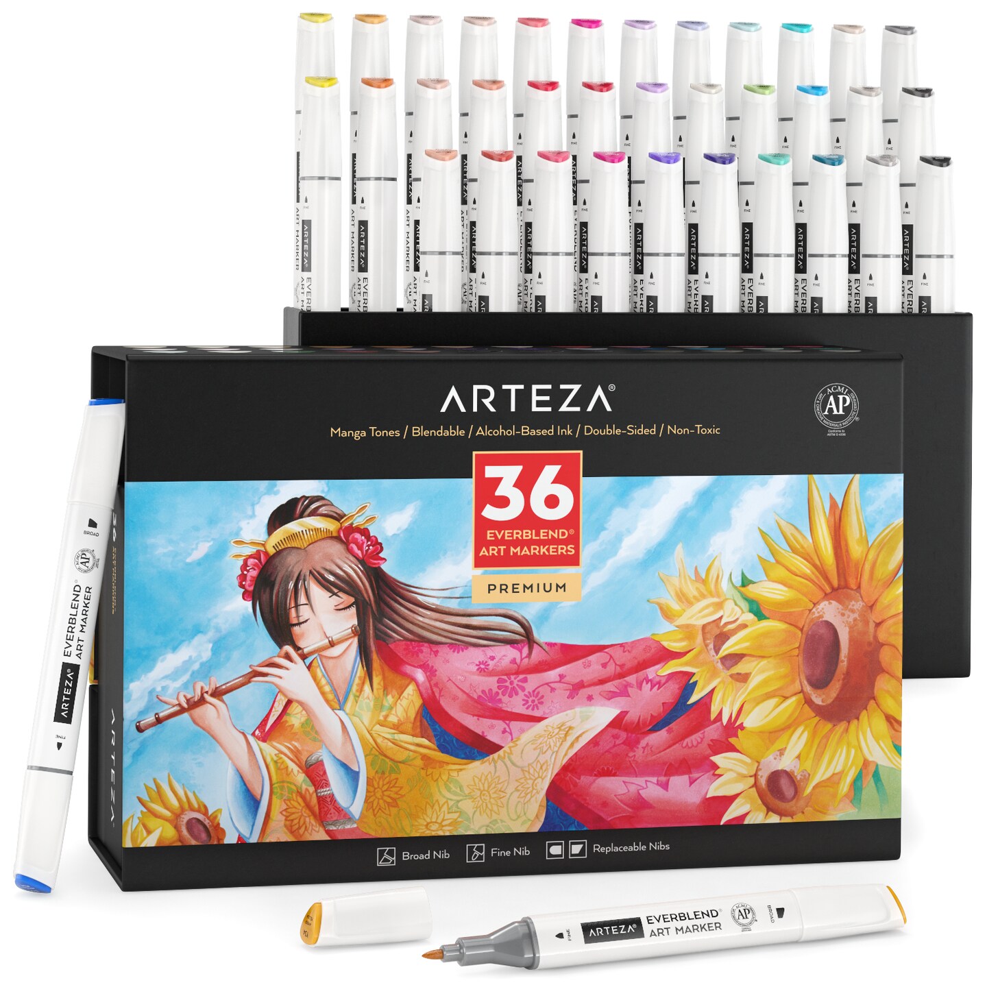 Arteza Professional Everblend Dual Tip Ultra Artist Brush Sketch Markers, Manga Tones, Alcohol-Based, Replaceable Tips - 36 Pack