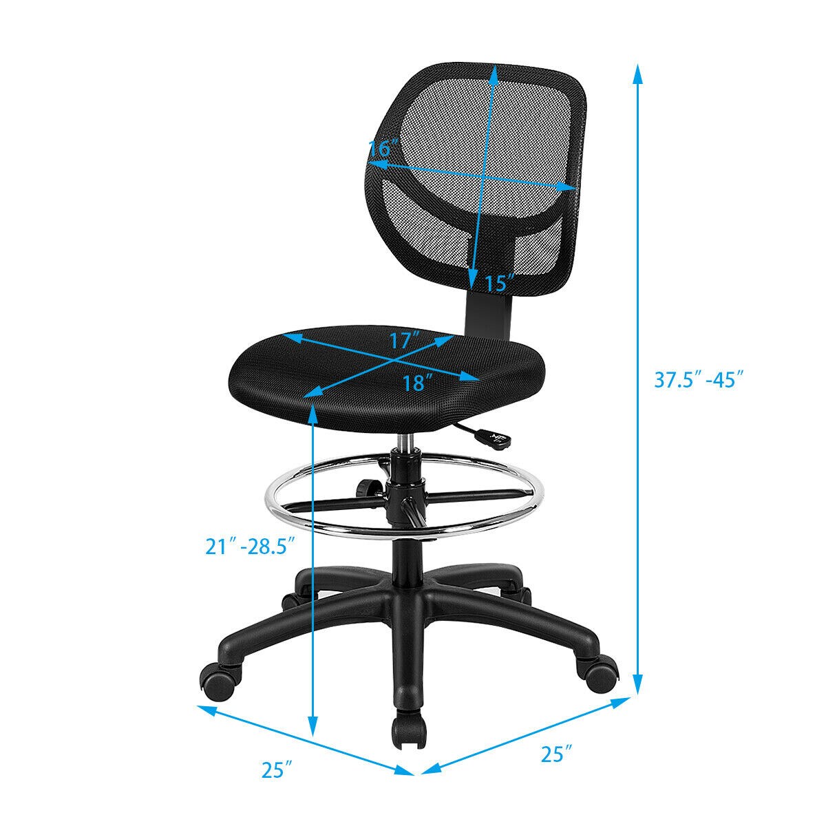 Adjustable Height Mid Back Mesh Drafting Office Chair with 5 Universal Wheels