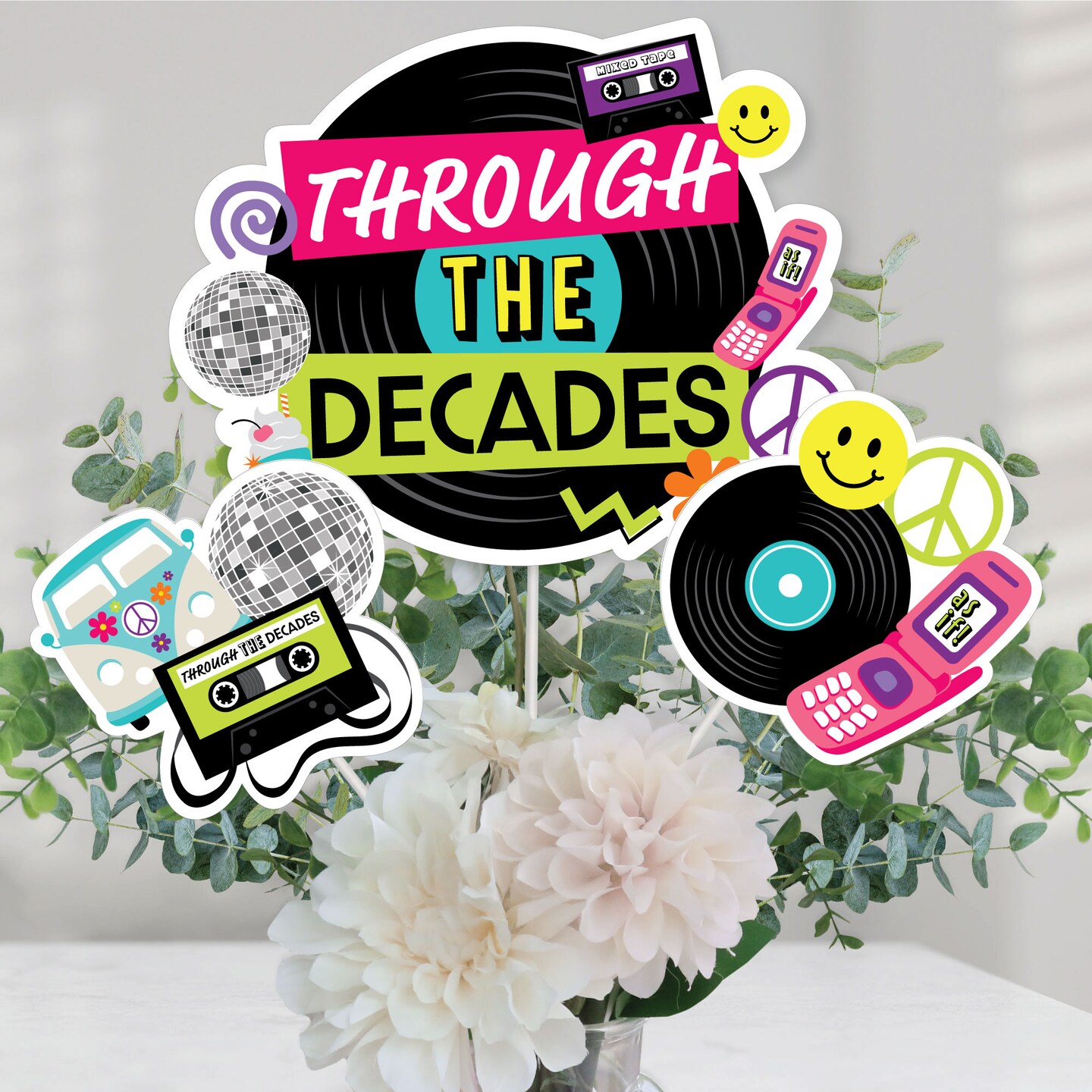 Big Dot of Happiness Through the Decades - 50s, 60s, 70s, 80s, and 90s Party Centerpiece Sticks - Table Toppers - Set of 15