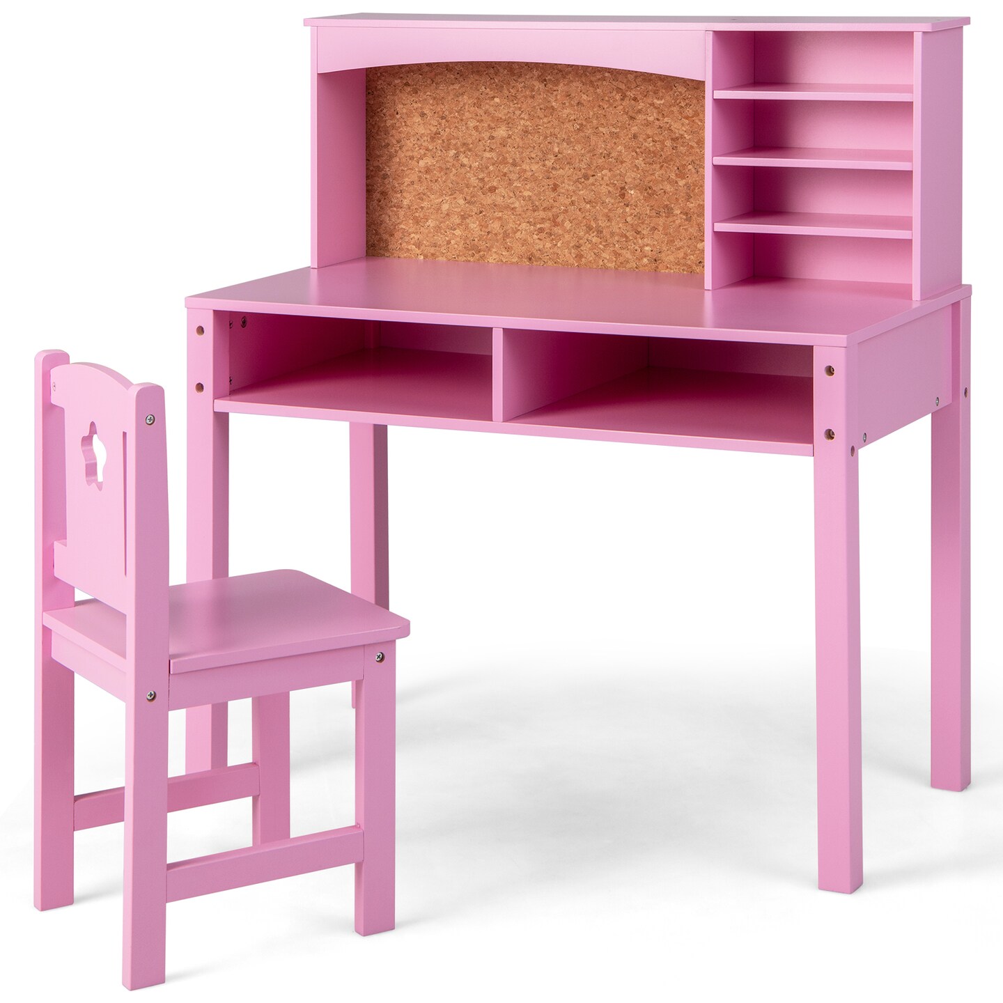 Kids Wooden Desk and Chair Set with 4-tier Storage Shelves and 2 Open Drawers