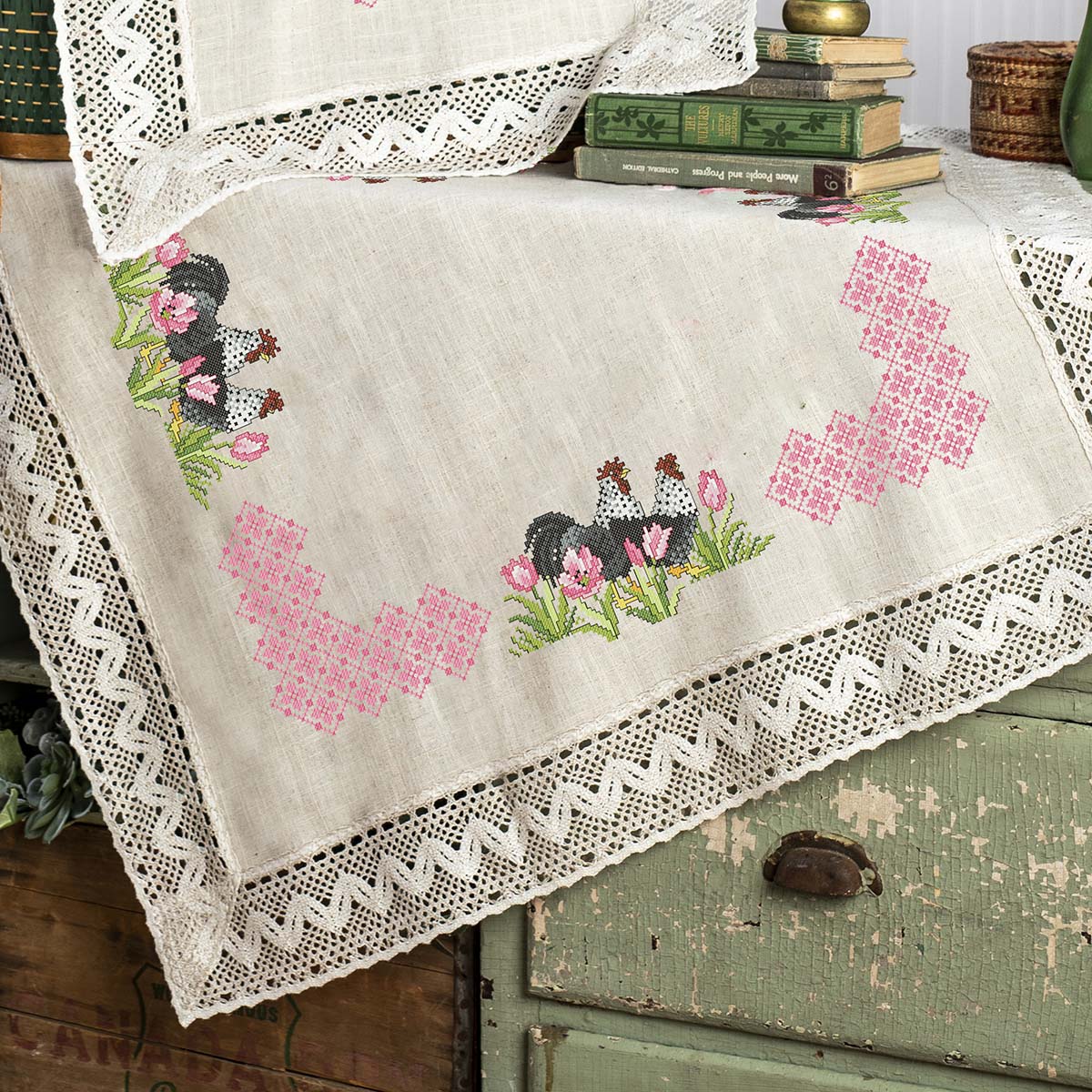 Nob Hill  Roosters Table Topper Stamped Cross-Stitch