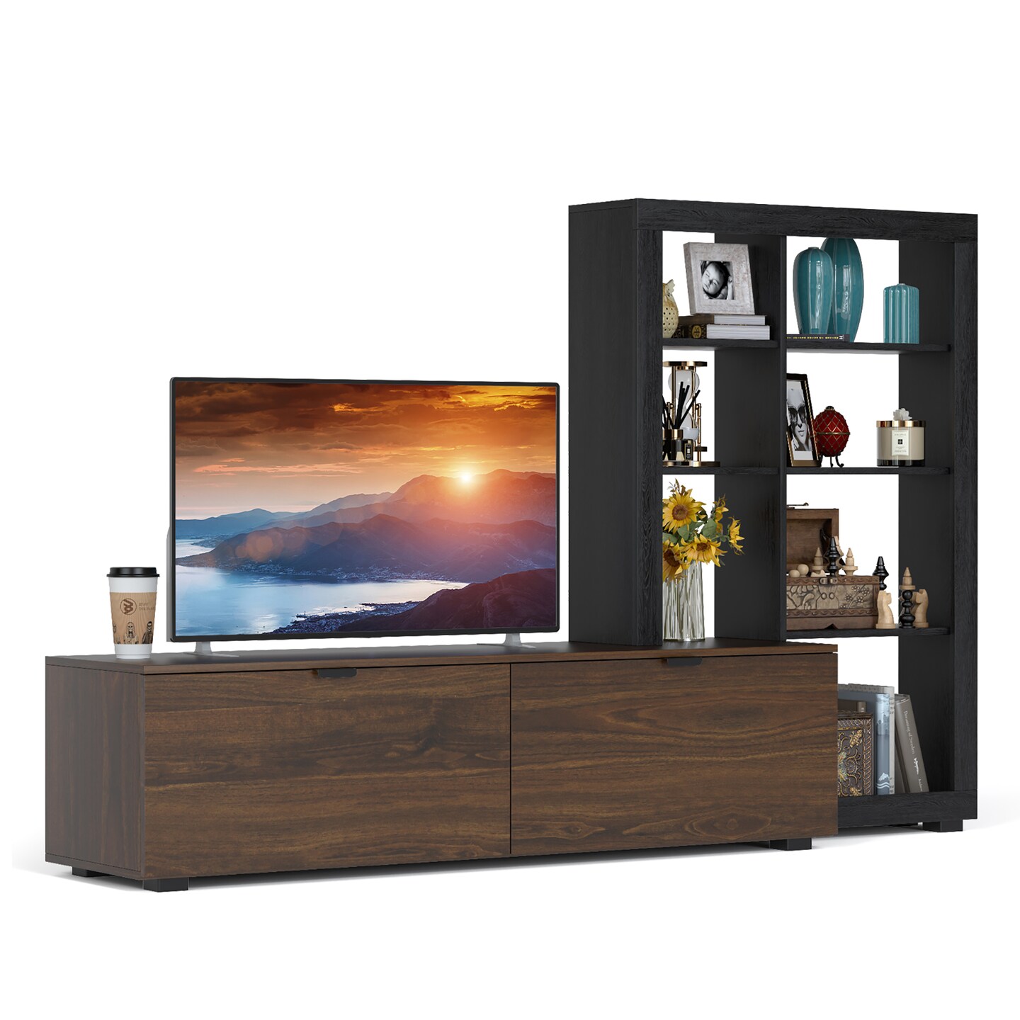 Costway 2-in-1 TV Stand Entertainment Center w/ 4-tier Bookcase Adjustable Shelf
