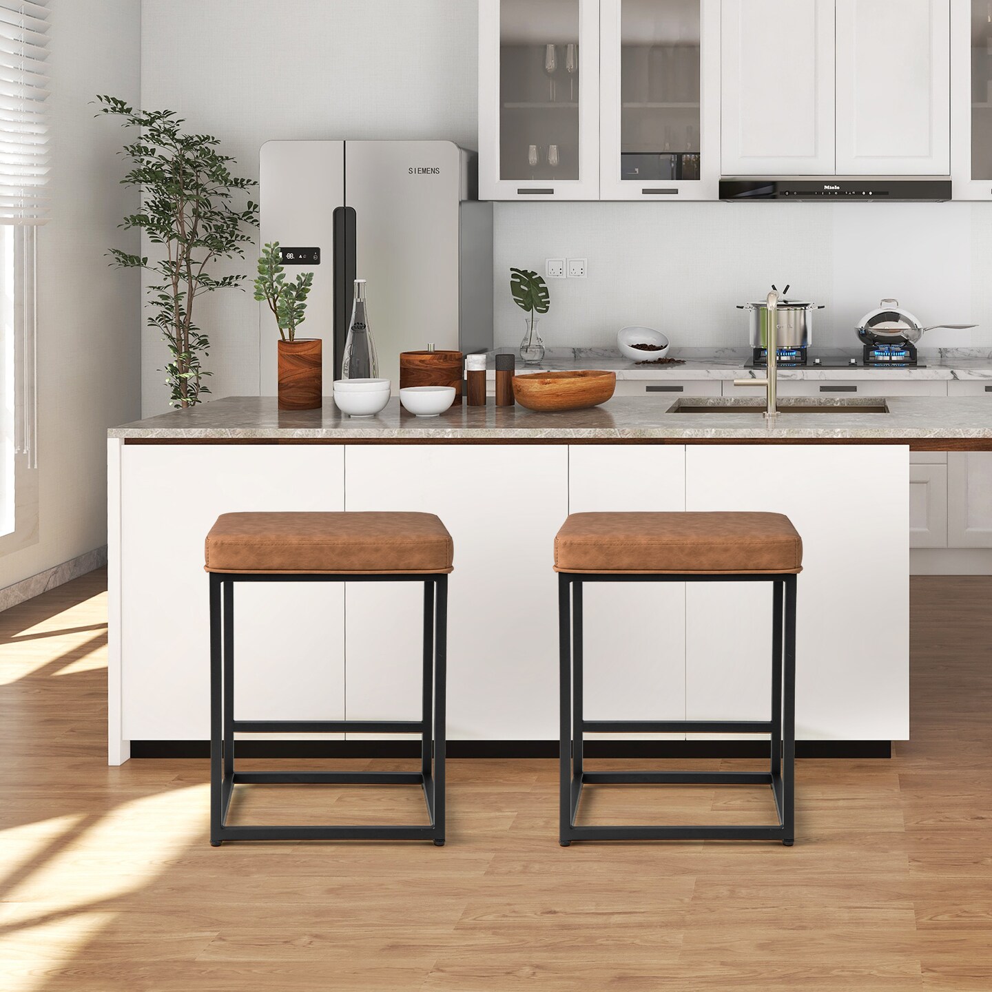 2 Pieces 24 Inch Bar Stools with Thick PVC Leather Cushion and Footrest