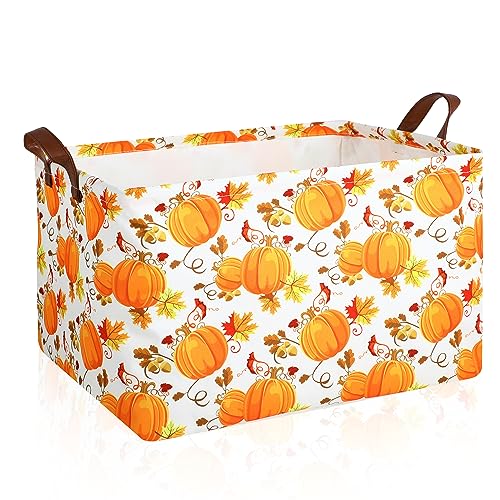 Pumpkin Fall Storage Bin Basket Collapsible with Leather Handles Waterproof Canvas Storage Cube Box for Closet Toys Clothes Thanksgiving Room Decor Gift Basket