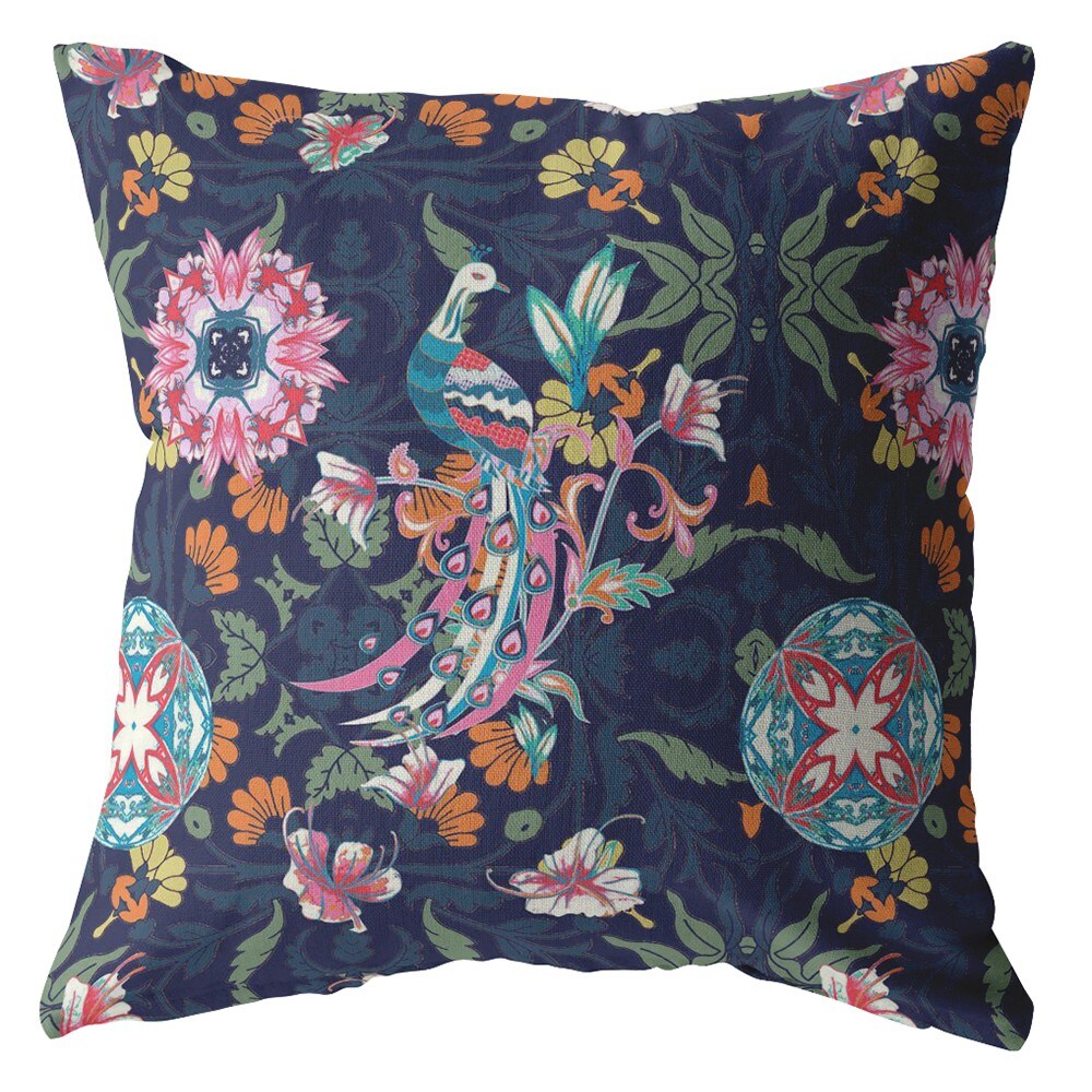 18&#x22; Navy Pink Peacock Suede Throw Pillow