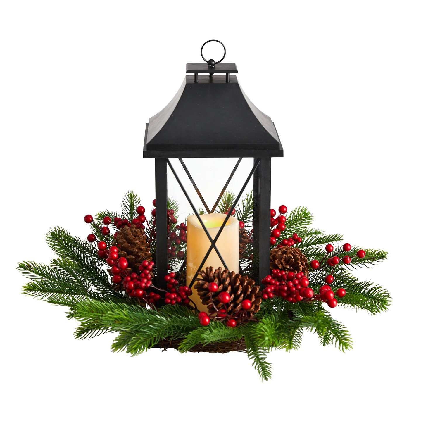 Nearly Natural 16&#x201D; Pre-Lit Berry and Pinecone LED Christmas Candle Lantern