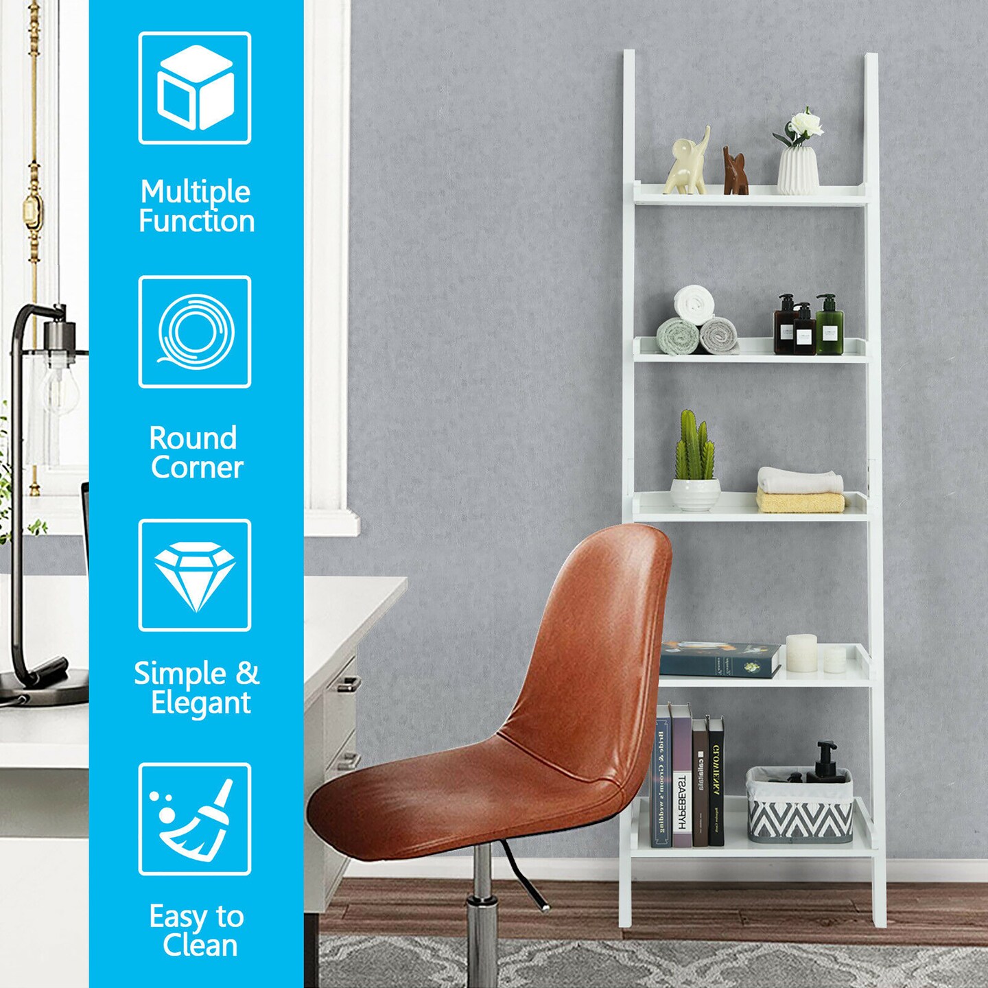 Costway Versatile White 5-Tier Bookshelf Leaning Wall Shelf Ladder  Bookcase Storage Display Furni