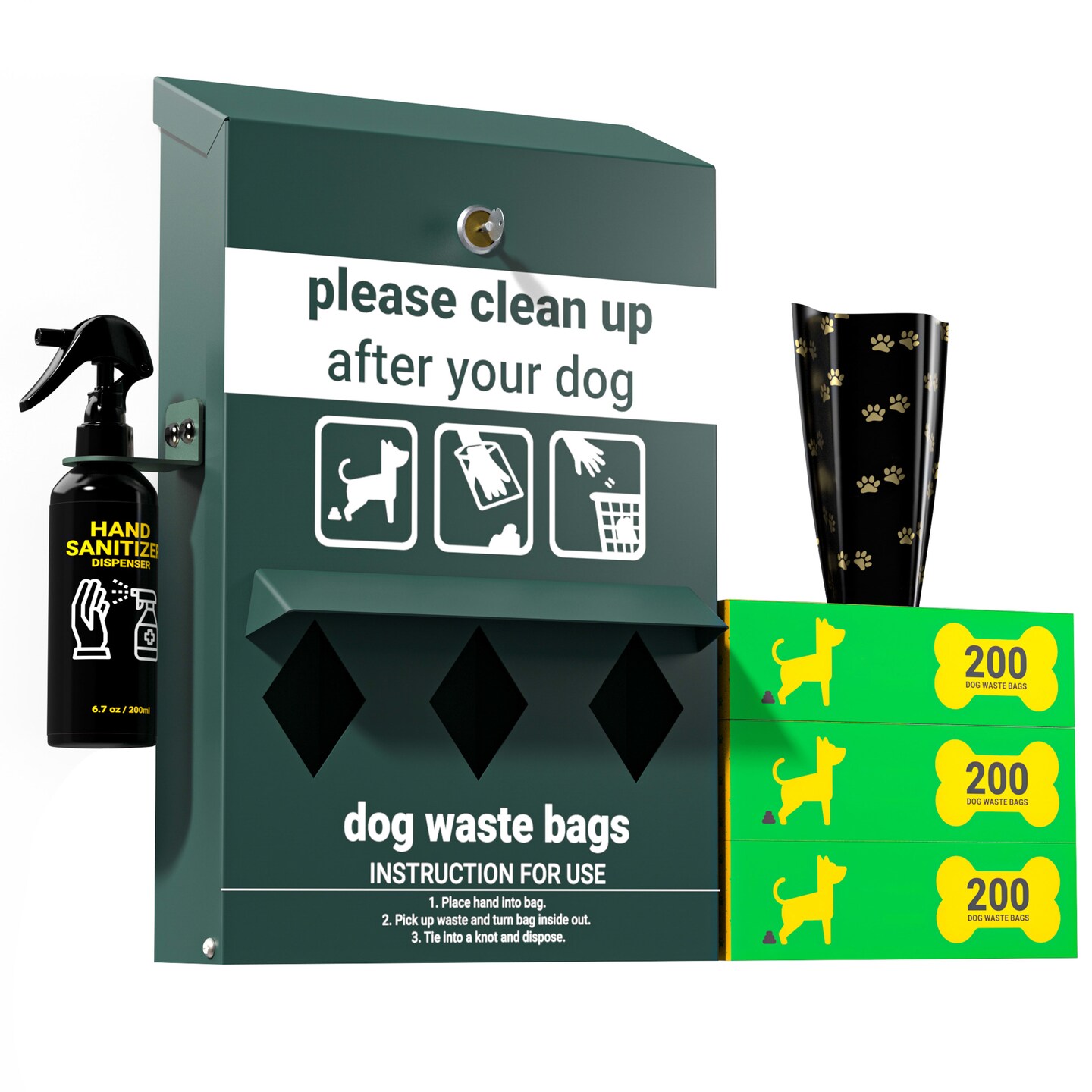 Emma + Oliver Kirk Pet Waste Station w/ Glow in The Dark Sign, Bag Dispenser