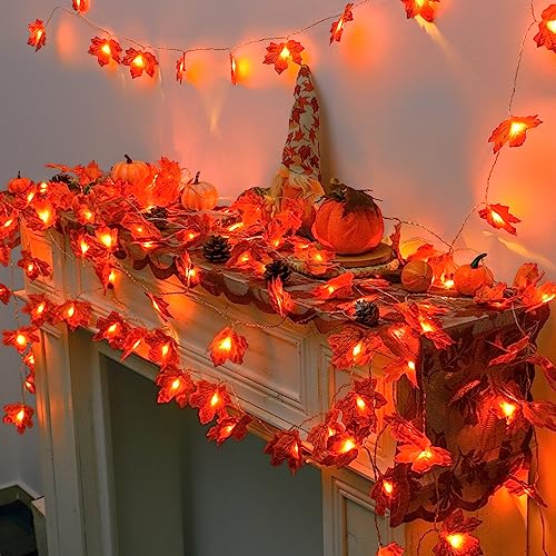 2 Pack Fall Decor Garland for Home, Total 20 Ft 60 LED Thanksgiving Maple Leaves Fall Lights Garland with Battery Operated Waterproof Autumn Harvest Halloween Christmas Decoration for Indoor Outdoor