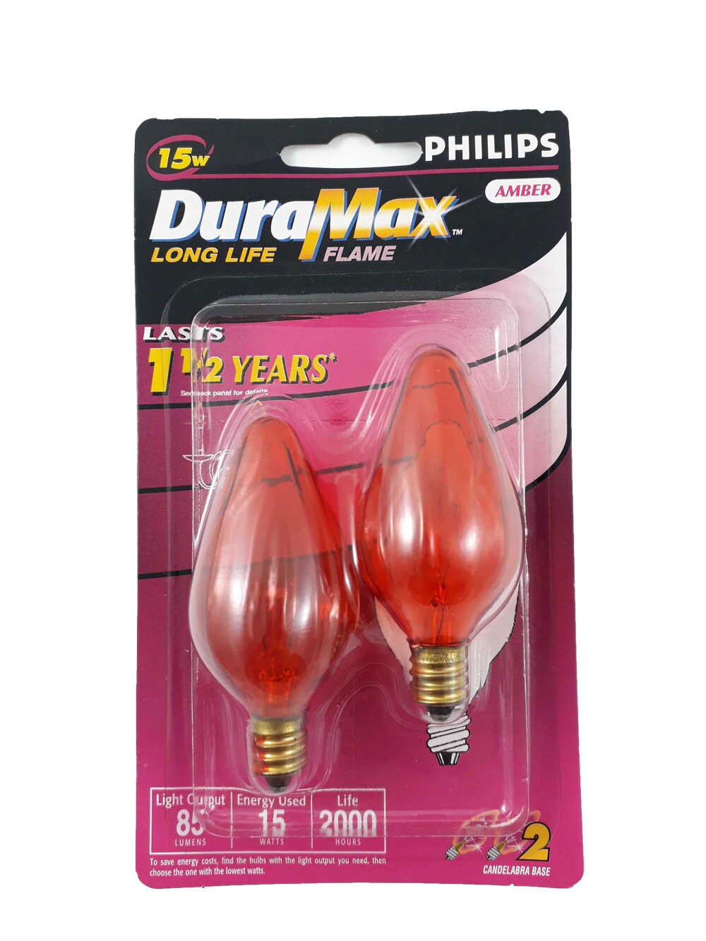 2pk- Philips 15W Amber Decorative Candelabra Incandescent Light Bulb