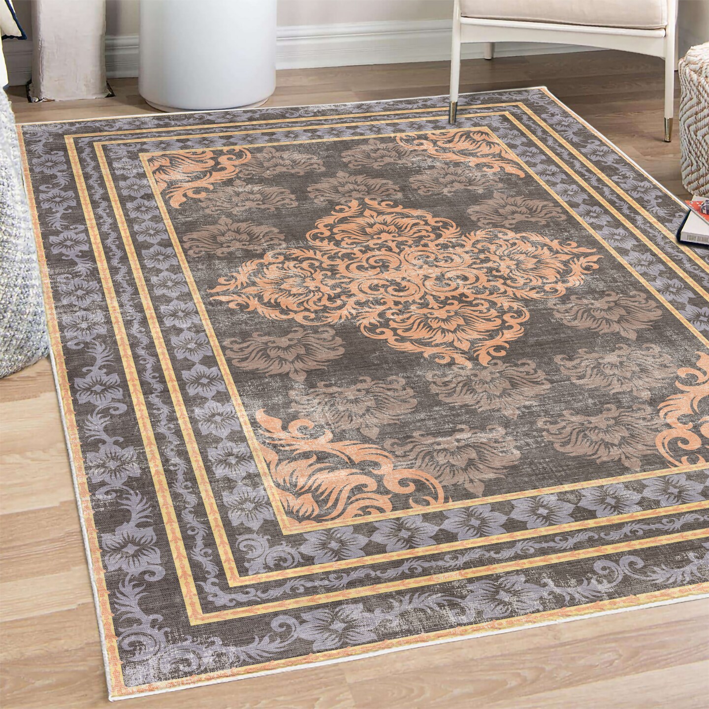 Ambesonne Damask Decorative Rug, Curlicue Design Traditional Flourishes in Retro Themed Flowers Artwork, Quality Carpet for Bedroom Dorm and Living Room, Mauve Peach and Grey