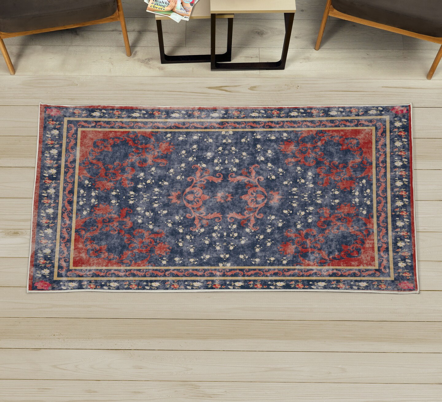 Ambesonne Damask Decorative Rug, Vintage Floral Motives and Rusty Toned Curlicues Bohemian Art Rustic Look, Quality Carpet for Bedroom Dorm and Living Room, Vermilion Navy Blue