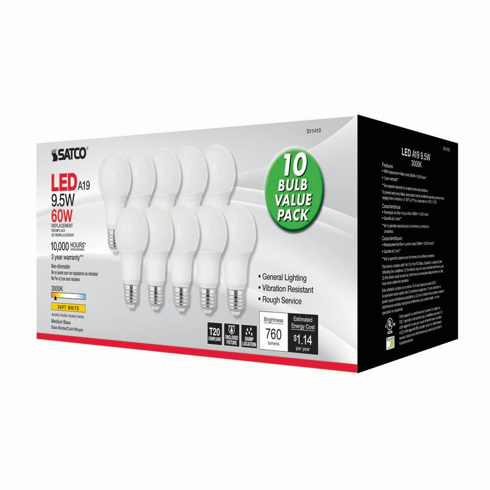 10Pk - Satco 9.5w 120v A19 LED bulb Frosted E26 Medium Base 3000k - 60w-equiv