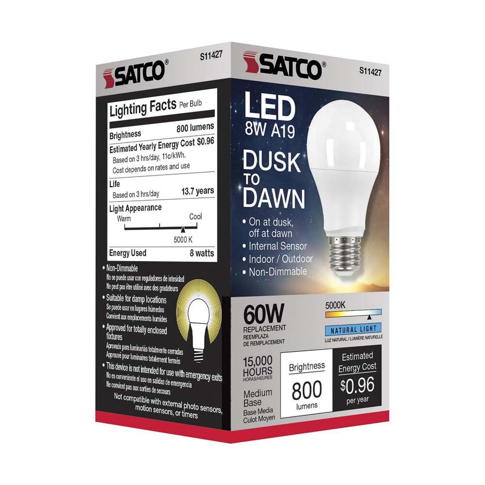 Satco 8w A19 LED Dusk to Dawn With PhotoCell 5000K Medium base 120v - 60w-equiv