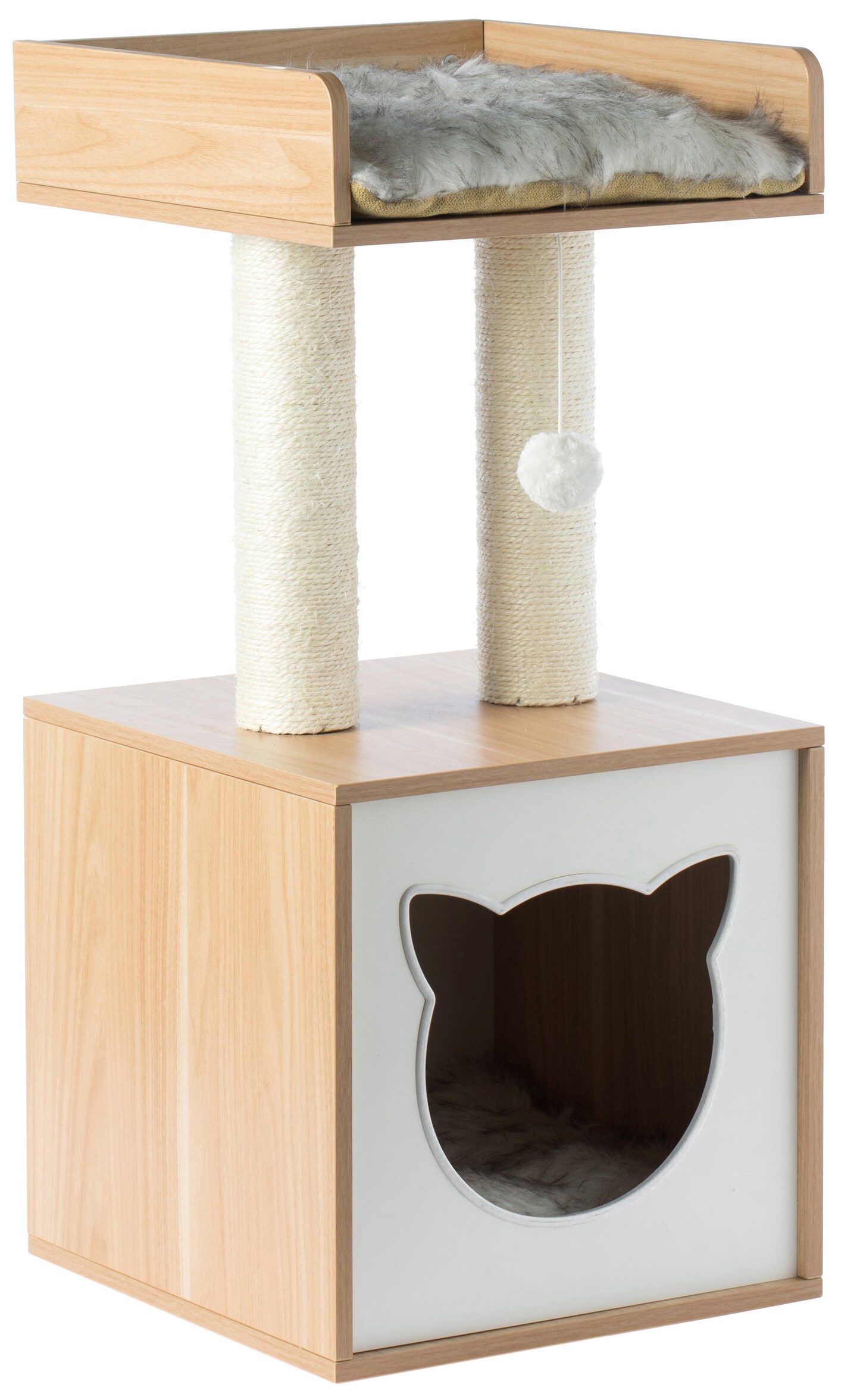 Cat Tree Play House Condo Cube Cave, Platform, Scratcher Post and Ball Toy