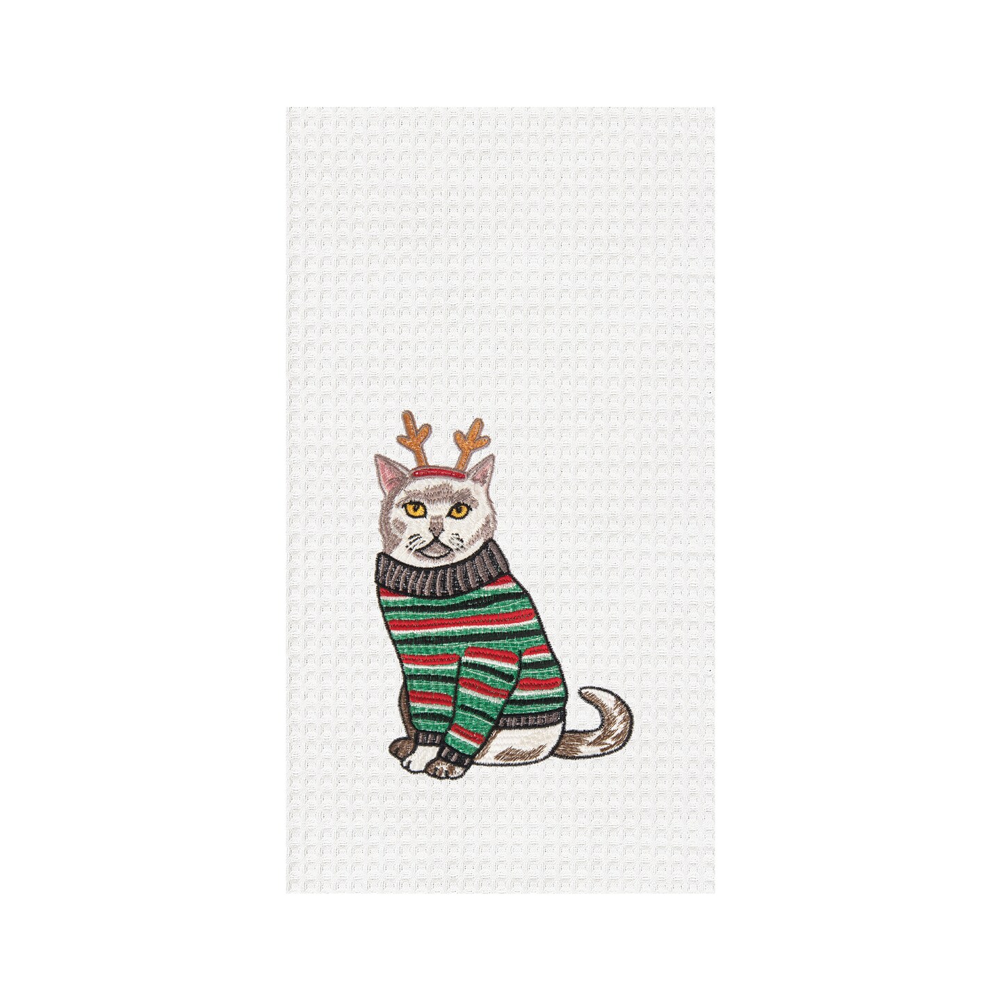 27&#x22; x 18&#x22; Cat Wearing Christmas Sweater and Reindeer Ears Embroidered &#x26; Waffle Weave Cotton Kitchen Dish Towel