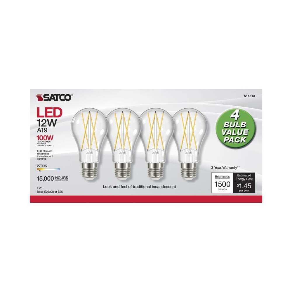 4Pk - Satco 12w 120v A19 LED Clear E26 Medium Base 1500L 2700k Warm White