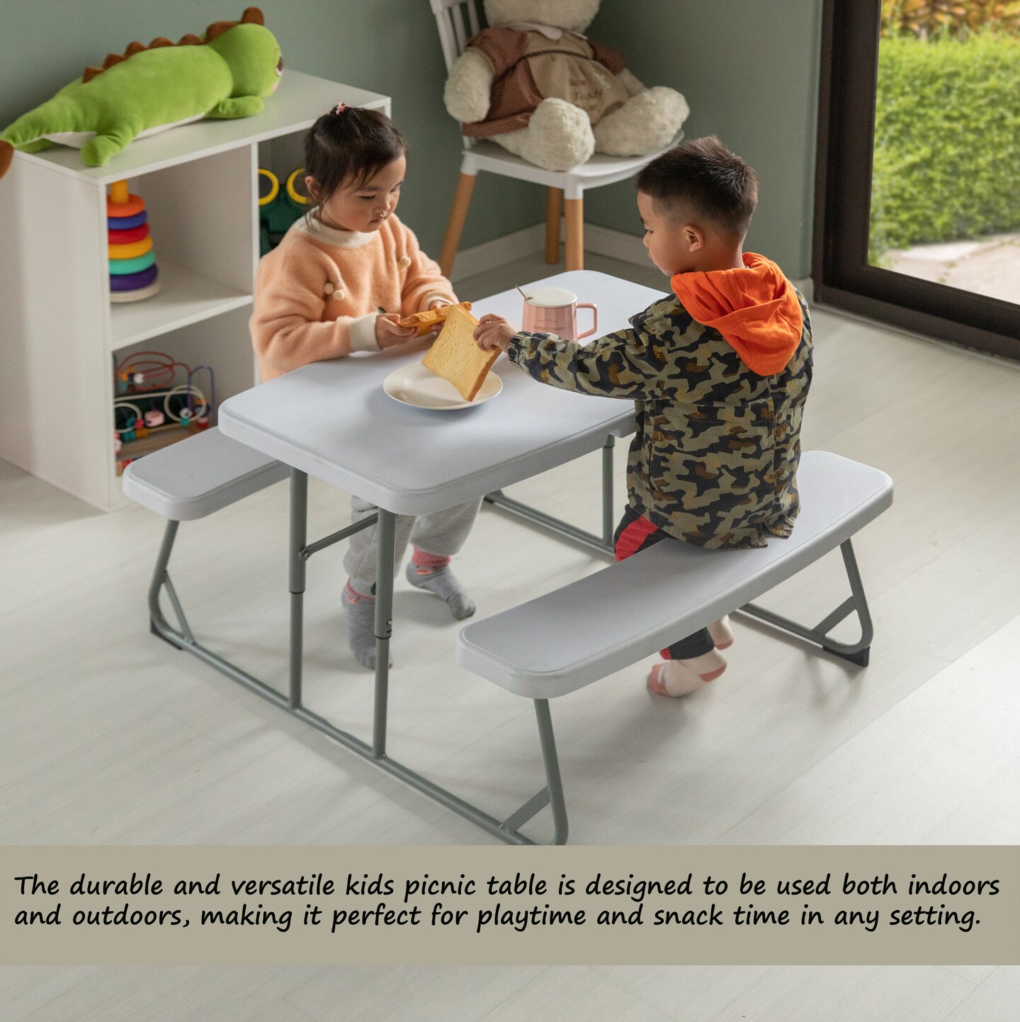 Foldable White Kids' Picnic Table Bench Outdoor Portable Children's Backyard Table, Crafting, Dining, and Playtime Patio Table
