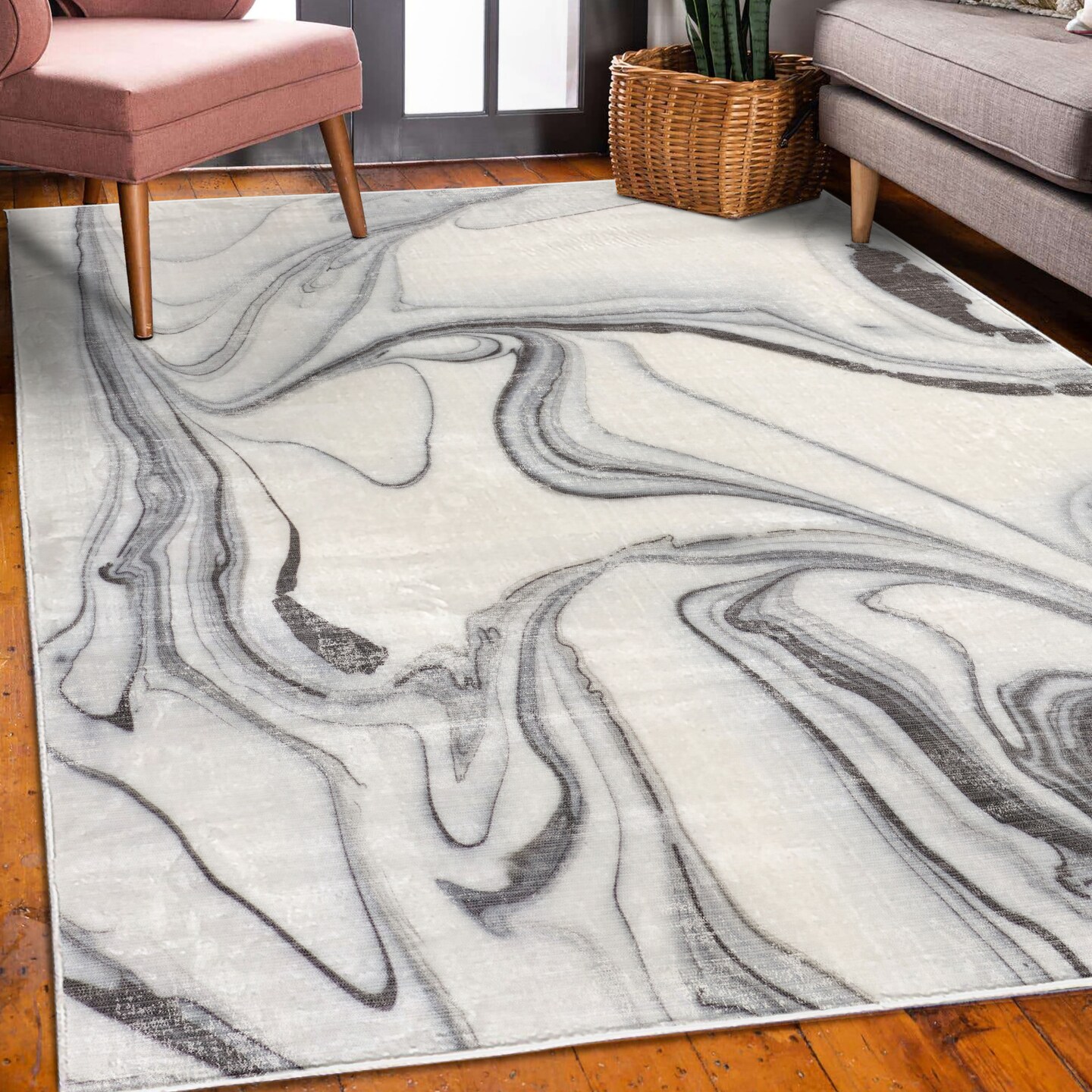 Ambesonne Marble Print Decorative Rug, Trippy Mix of Colors Unusual Forms Creative Paintbrush Style Image, Quality Carpet for Bedroom Dorm and Living Room, Black Pale Grey Dust