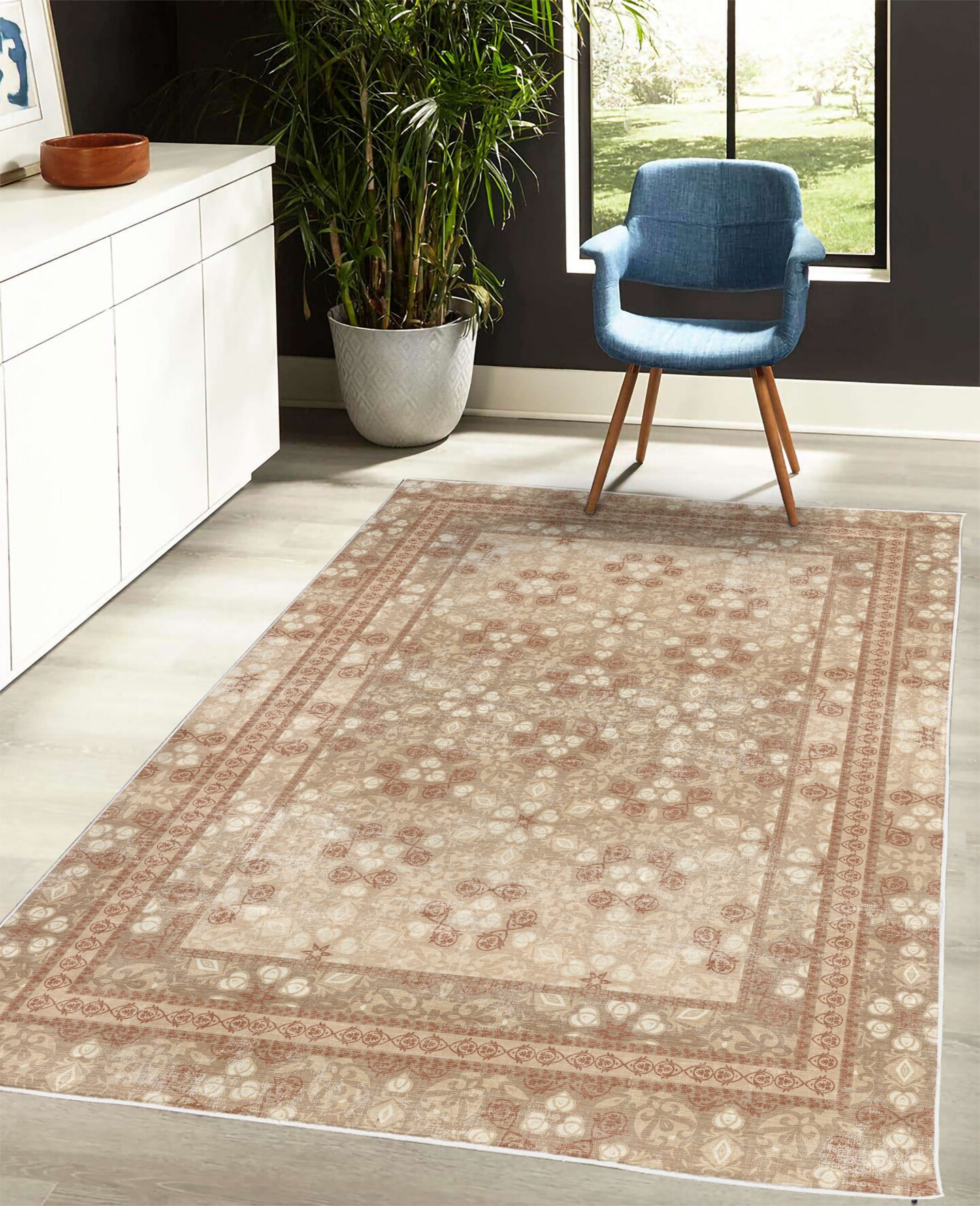 Ambesonne Vintage Decorative Rug, Nostalgic Retro Floral Petals Pastel Look Damask Check Victorian Motif, Quality Carpet for Bedroom Dorm and Living Room, Pale Rust and Cocoa