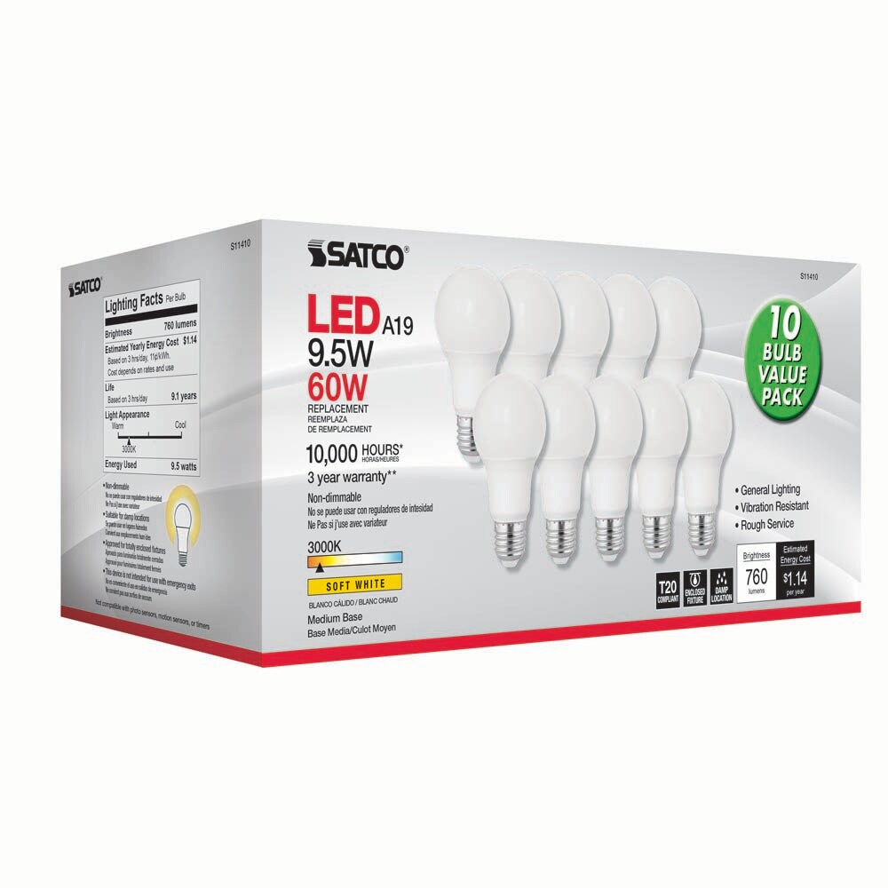 10Pk - Satco 9.5w 120v A19 LED bulb Frosted E26 Medium Base 3000k - 60w-equiv