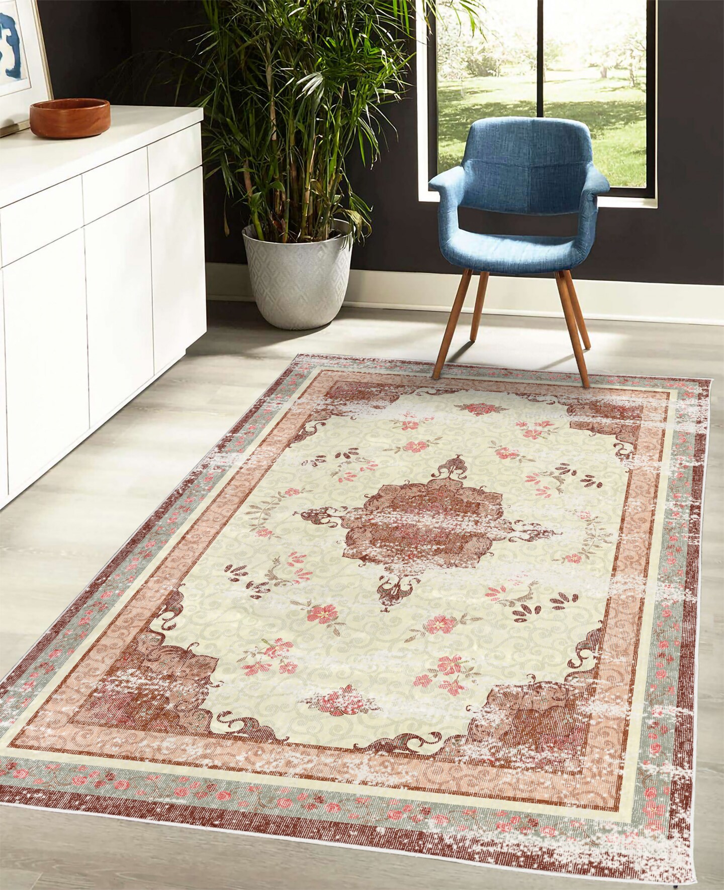 Ambesonne Vintage Decorative Rug, Minimal Flowers and Ethnic Damask Eastern Culture Weathered Effect Design Print, Quality Carpet for Bedroom Dorm and Living Room, Ivory and Rust