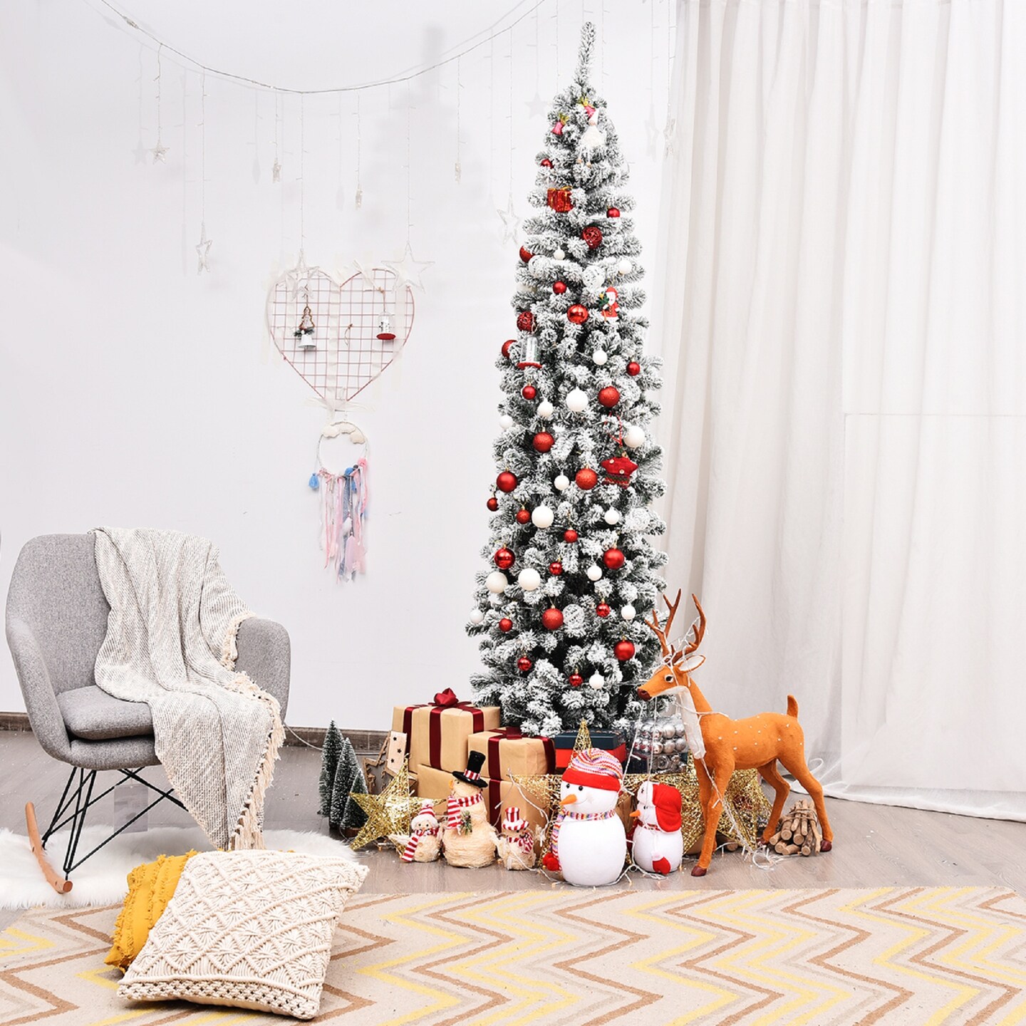 Costway 7.5Ft Unlit Hinged Snow Flocked Artificial Pencil Christmas Tree with 641 Tips