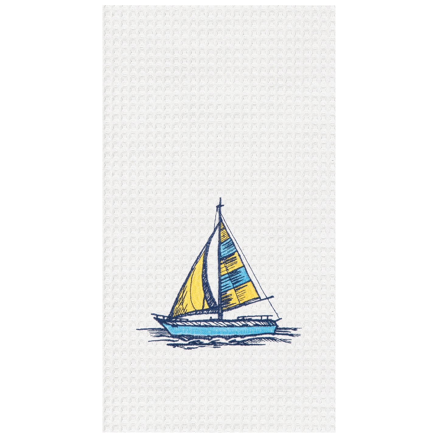Sail Boat Embroidered Waffle Weave Cotton Kitchen Towel