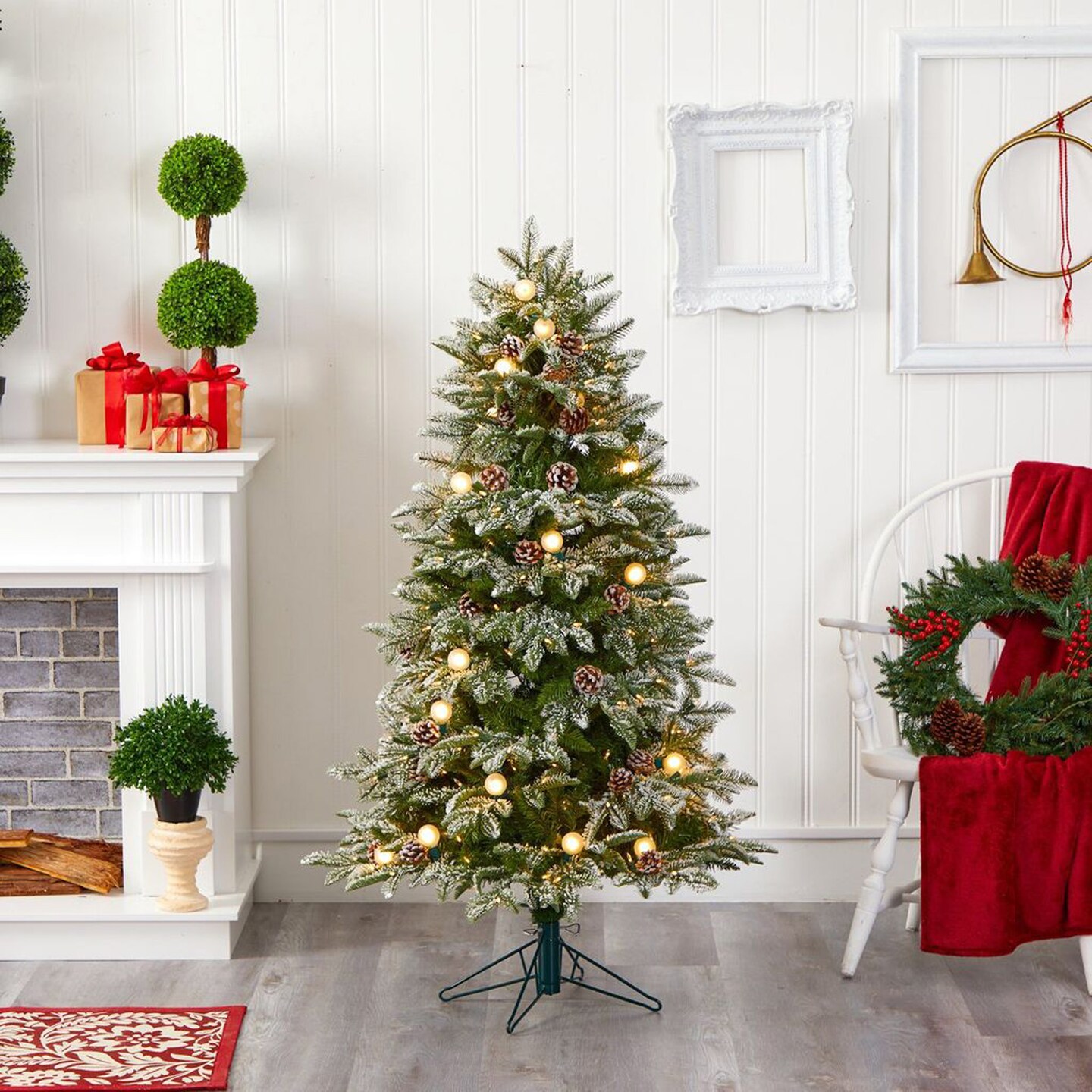 Nearly Natural 5&#x27; Flocked Whistler Mountain Fir Artificial Christmas Tree with 250 Warm White LED Lights with Instant Connect Technology, 28 Globe Bulbs, Pine Cones and 480 Bendable Branches