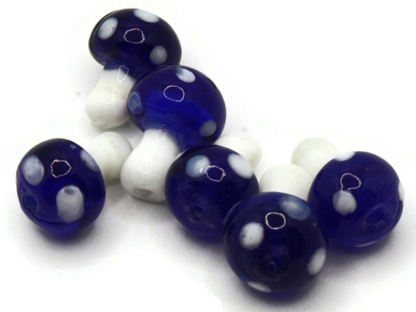 6 19mm Royal Blue and White Polka Dot Mushroom Lampwork Glass Beads