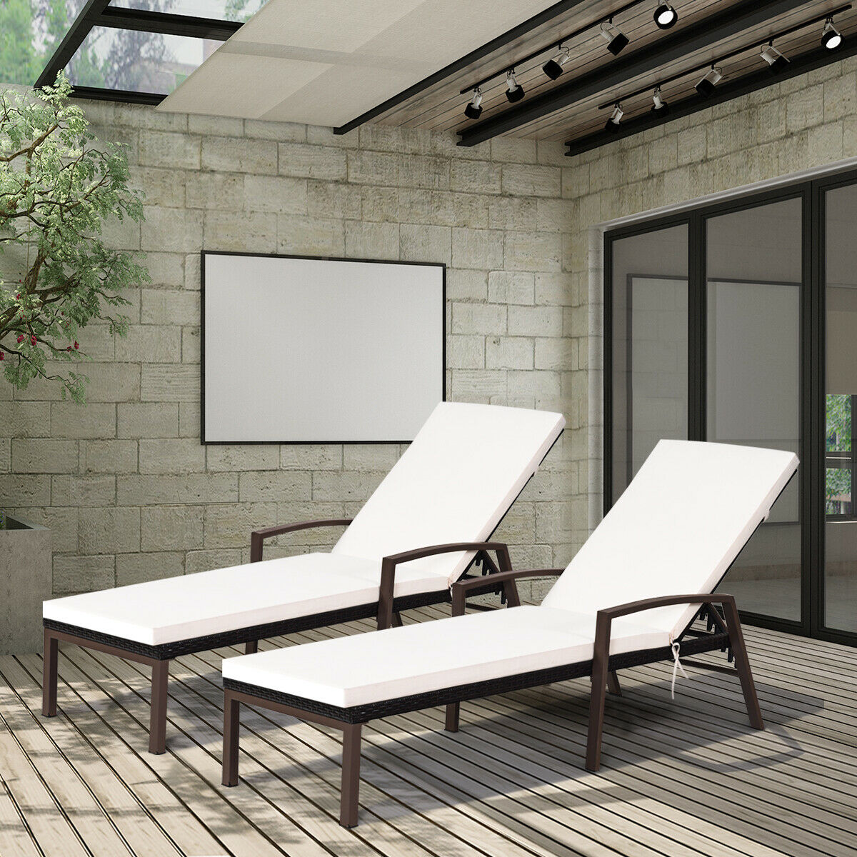 Costway 2PCS Patio Rattan Lounge Chair Chaise Recliner Back Adjustable Cushioned Garden Brown
