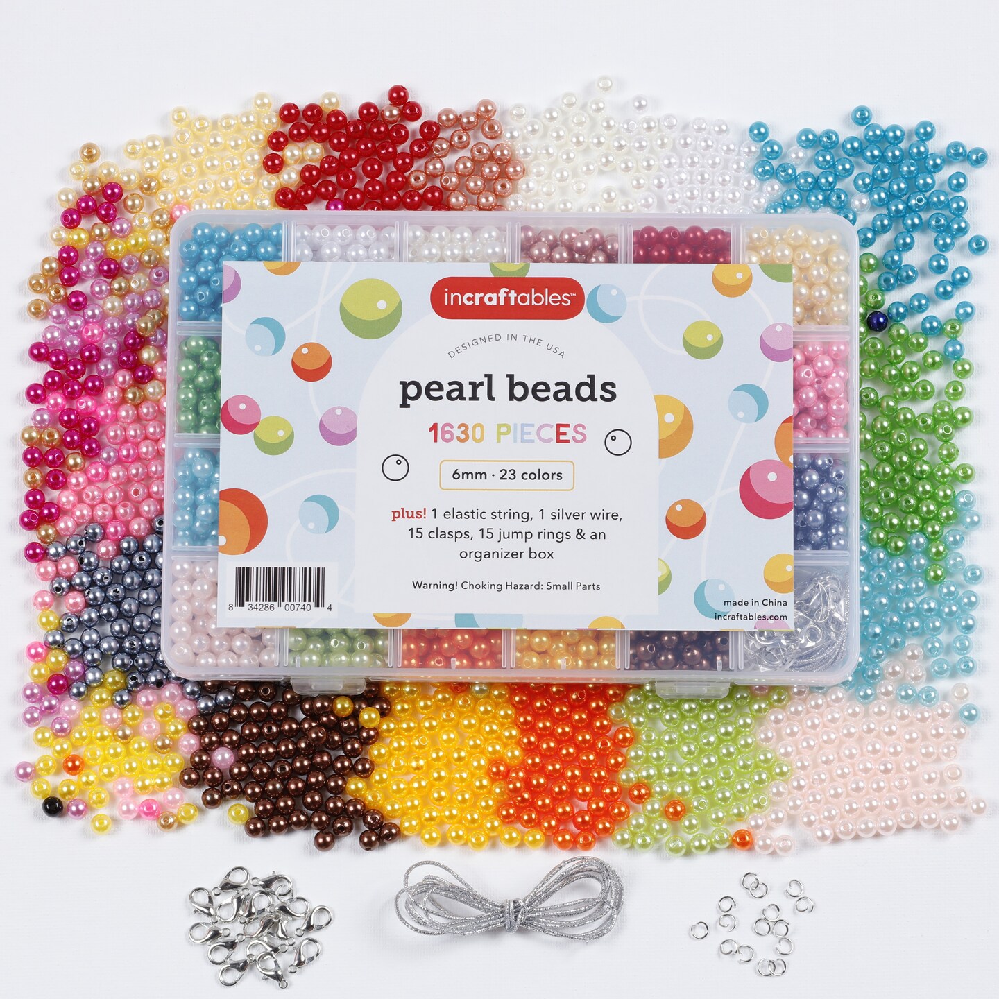 Incraftables Pearl Beads for Jewelry Making 1700pcs (24 Colors). 6mm Round Pearl Beads for Bracelets Making &#x26; Crafting. Assorted Pearls for crafts for Kids &#x26; Adults with Silver Wire, String &#x26; Clasps