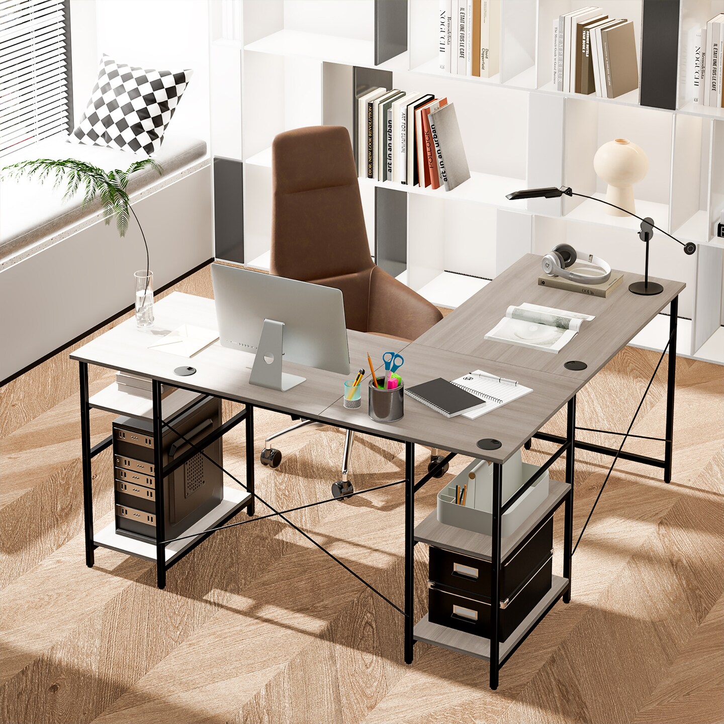 Costway 95'' Convertible L-shaped Corner Computer Desk 2-Person Long Desk Shelves Grey