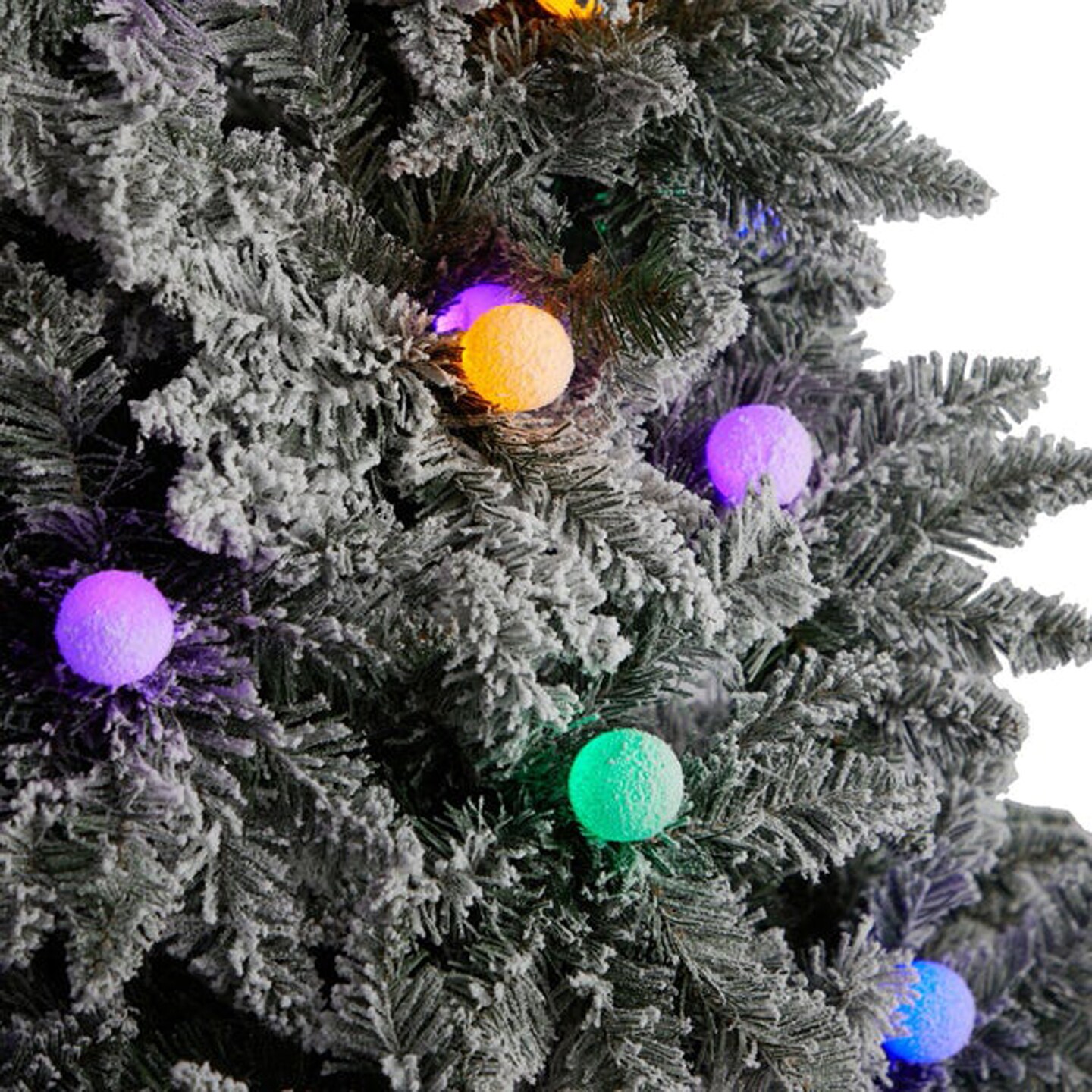 Nearly Natural Home Decorative 9.5&#x27; Flocked British Columbia Mountain Fir Artificial Christmas Tree with 150 Multi Color Globe Bulbs and 2297 Bendable Branches