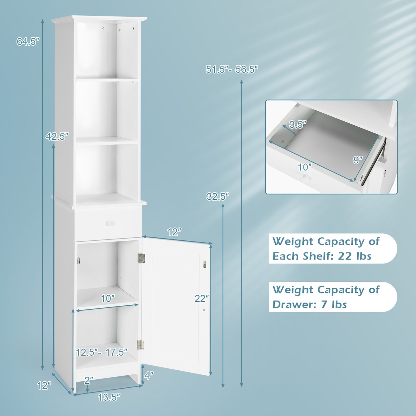 Costway Bathroom Tall Storage Cabinet Freestanding Linen Tower w/ Open Shelves & Drawer