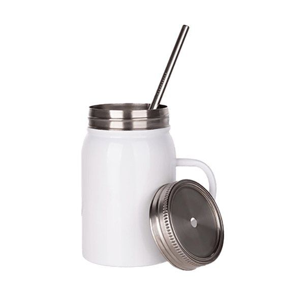 17oz Stainless Steel Mason Jar with Handle, Lid and Straw (White)