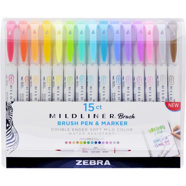 Zebra Pen Mildliner Brush Pen & Marker Set - Assorted Ink Color - Pack of 15