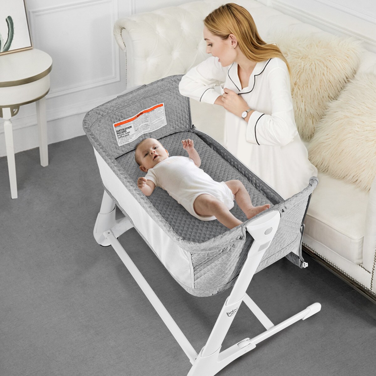 Babyjoy Baby Side Bedside Sleeper Washable Mattress Height Adjustable GreyWhite