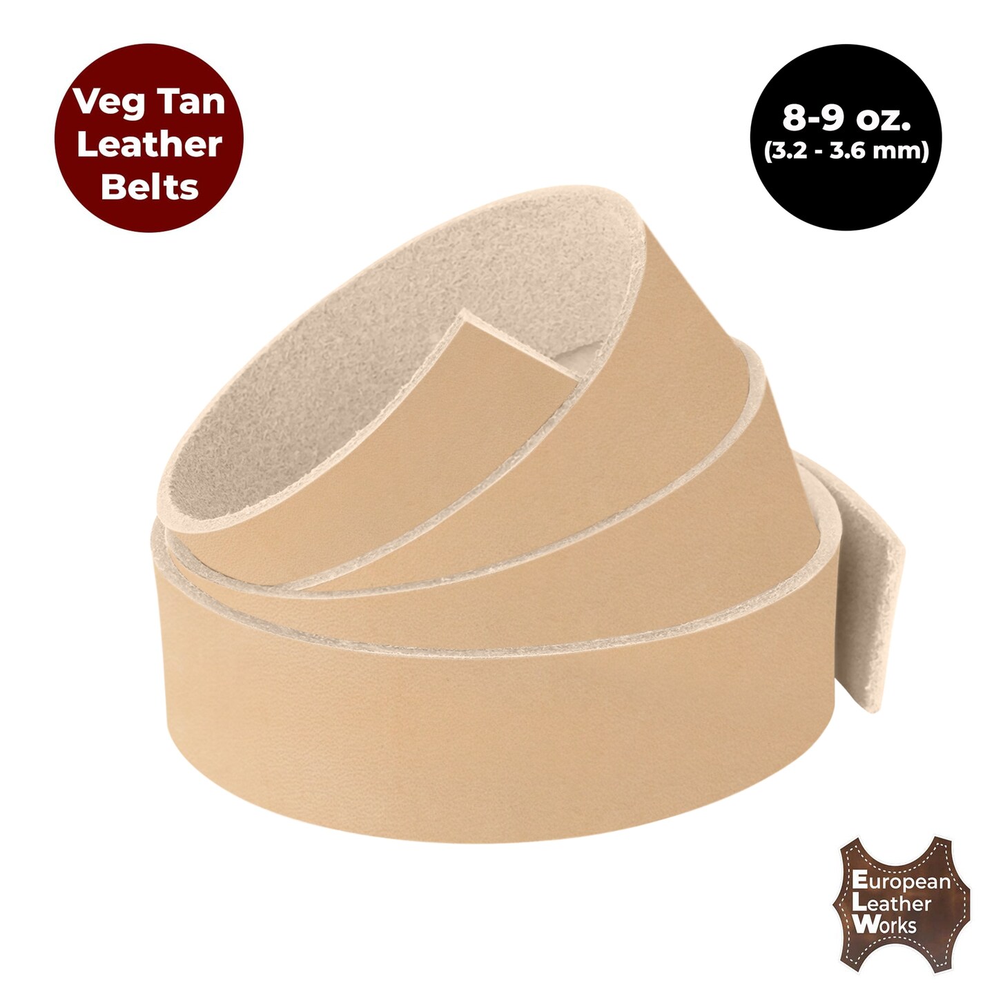 ELW Belt Blanks Strips/Straps 8/9 oz. (3.2-3.6mm) Thickness Size 3/4&#x22;x60&#x22; Full Grain Import Natural Cowhide Vegetable Tanned Leather for Tooling, Engraving, Embossing, Molding, &#x26; Dyeing