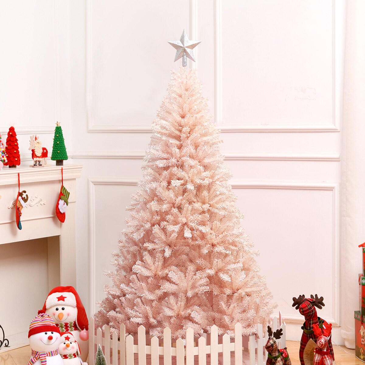 Costway 6ft/7ft Pink Christmas Tree Hinged Full Fir Tree Metal Season