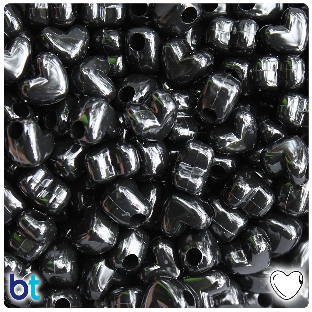 BeadTin Black Opaque 12mm Heart (HH) Plastic Pony Beads (250pcs)