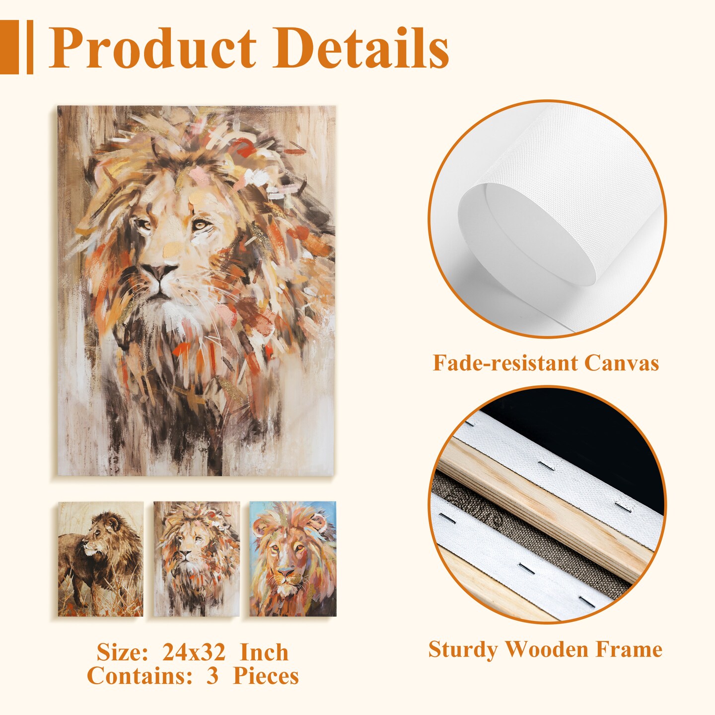 24&#x22;x32&#x22; Lion Pictures Wall Decor Canvas Wall Art 3 Piece Framed Wall Art