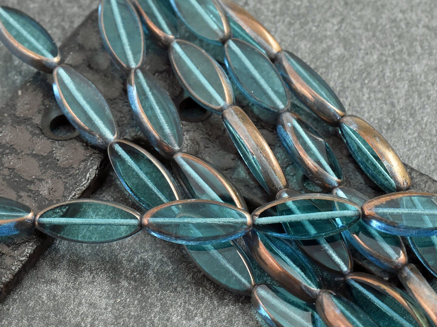 *6* 20x8mm Bronze Washed Dark Aqua Table Cut Spindle Beads