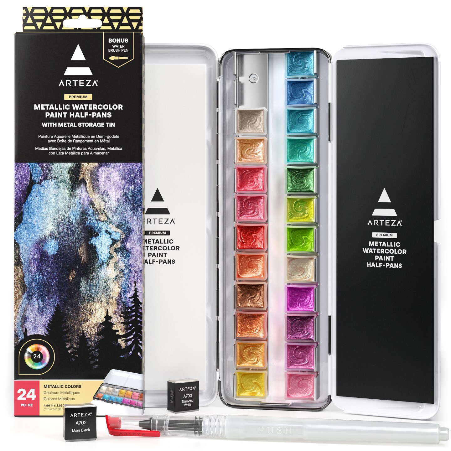 Arteza Professional Watercolor Artist Paint Set, Metallic, Half Pans, Non-Toxic - 24 Colors