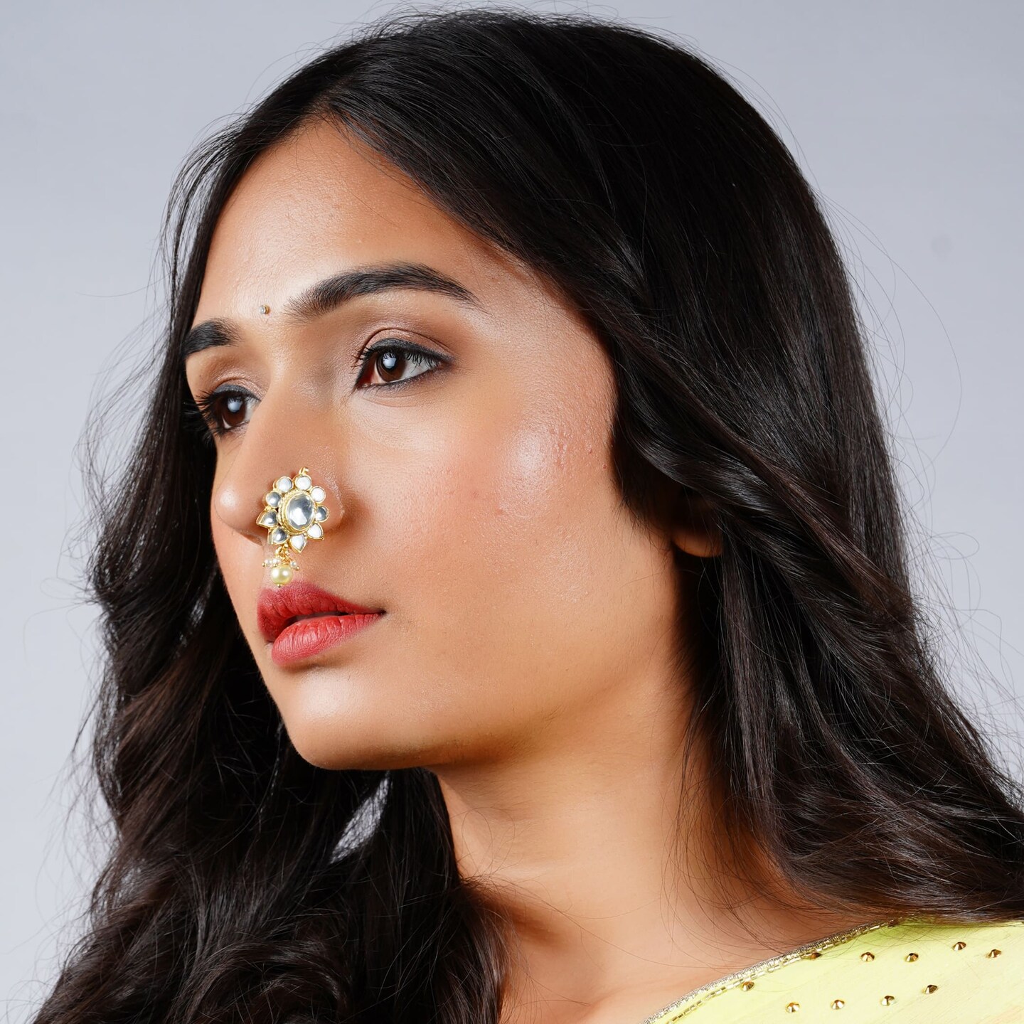 Kundan Pressing Nose Ring With Gold Plating Pearl Nose Ring Indian